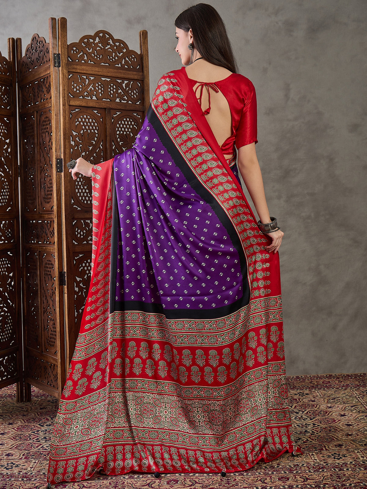 Captivating Party Wear Satin Silk Ajrak Print Rich Pallu Fancy Saree With Unstitched Blouse Piece
