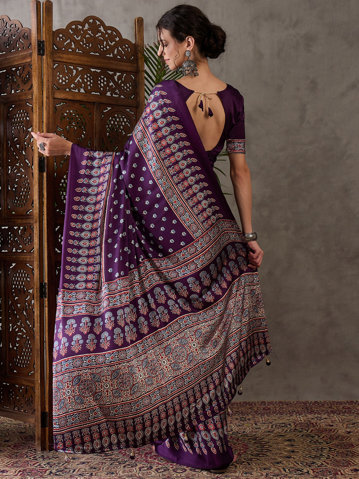 Glamorous Party Wear Satin Silk Ajrak Printed Rich Pallu Designer Saree With Unstitched Blouse Piece