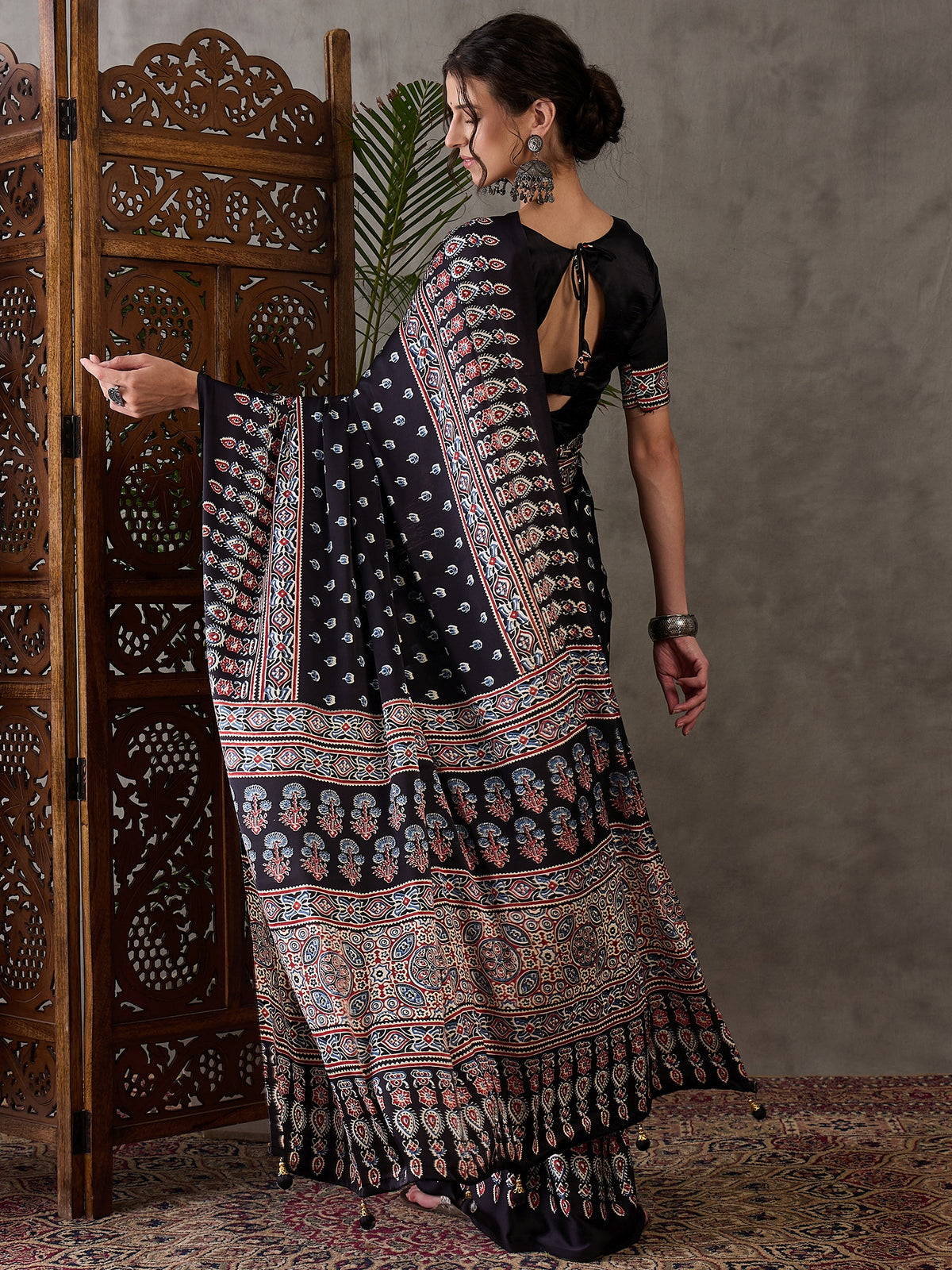 Glamorous Party Wear Satin Silk Ajrak Printed Rich Pallu Designer Saree With Unstitched Blouse Piece