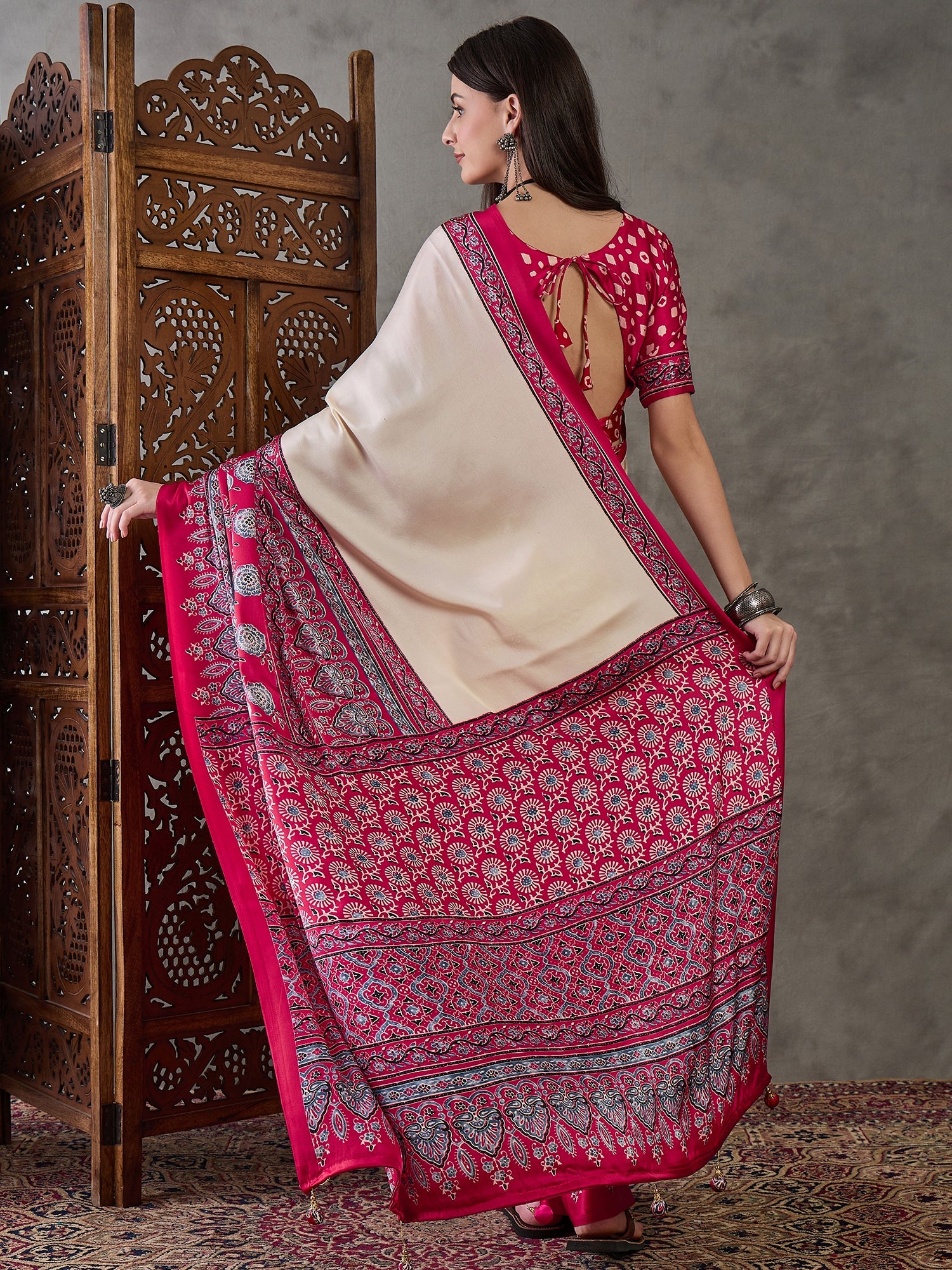 Desiring Festive Wear Satin Silk Ajrak Print Rich Pallu Fancy Saree With Unstitched Blouse Piece