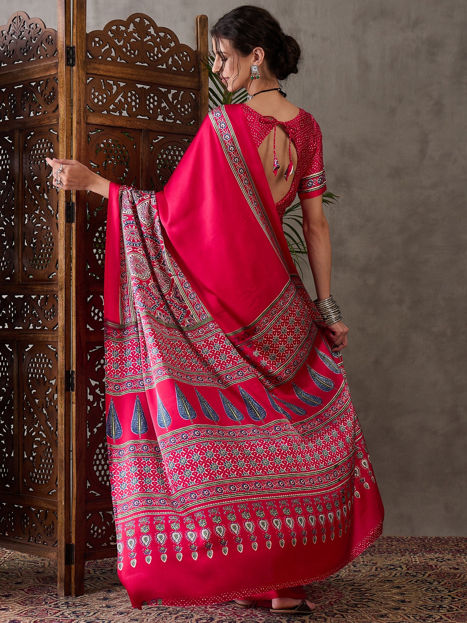 Heritage Function Wear Satin Silk Ajrak Print Rich Pallu Fancy Saree With Unstitched Blouse Piece