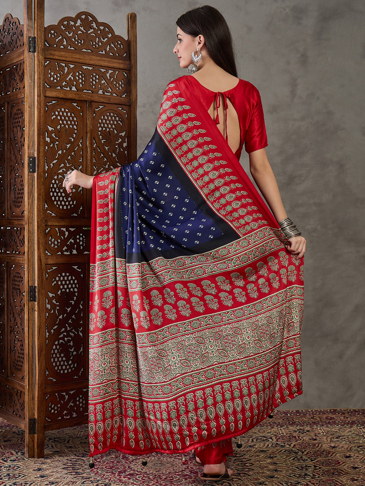 Captivating Party Wear Satin Silk Ajrak Print Rich Pallu Fancy Saree With Unstitched Blouse Piece