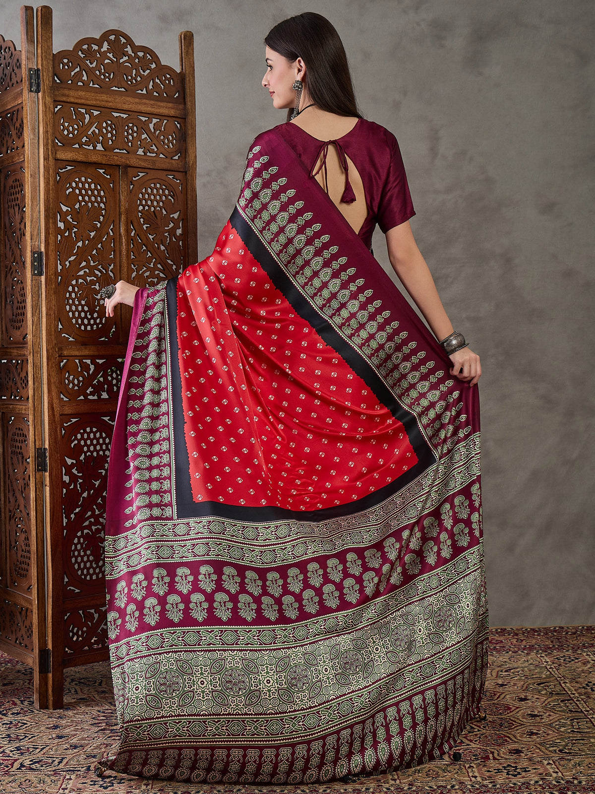 Captivating Party Wear Satin Silk Ajrak Print Rich Pallu Fancy Saree With Unstitched Blouse Piece