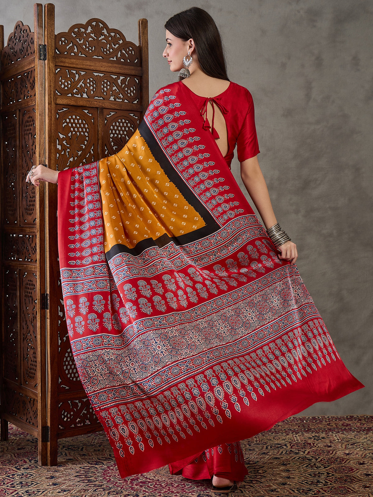 Captivating Party Wear Satin Silk Ajrak Print Rich Pallu Fancy Saree With Unstitched Blouse Piece