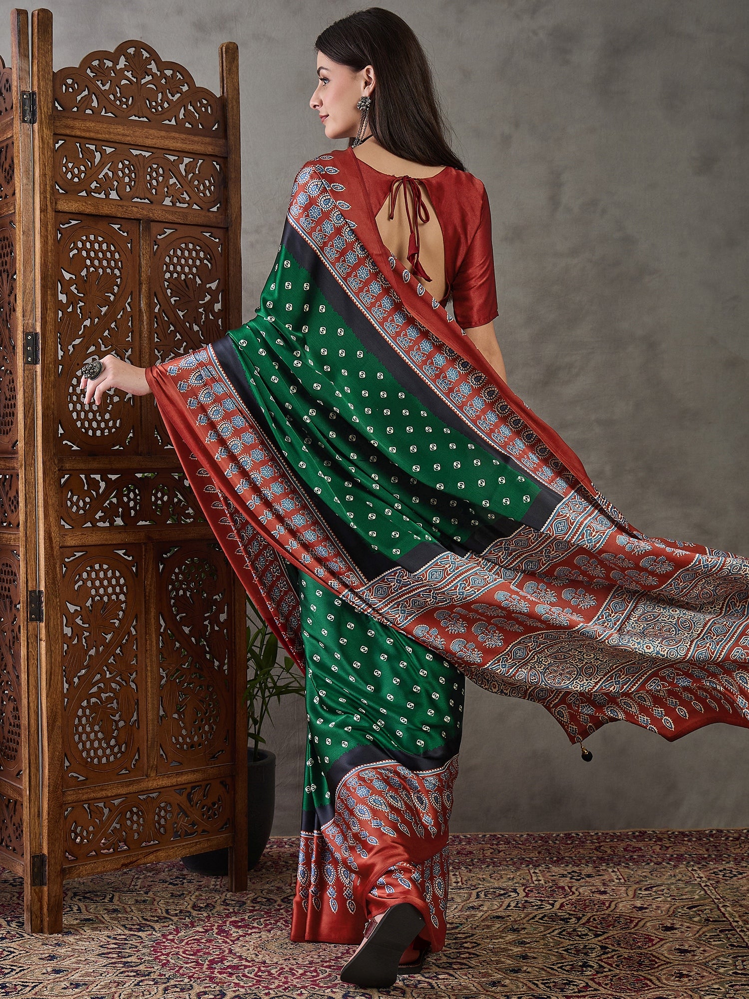 Captivating Party Wear Satin Silk Ajrak Print Rich Pallu Fancy Saree With Unstitched Blouse Piece