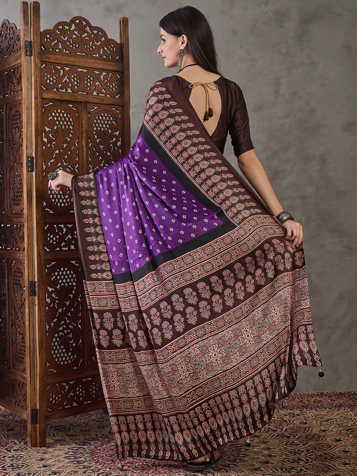 Captivating Party Wear Satin Silk Ajrak Print Rich Pallu Fancy Saree With Unstitched Blouse Piece
