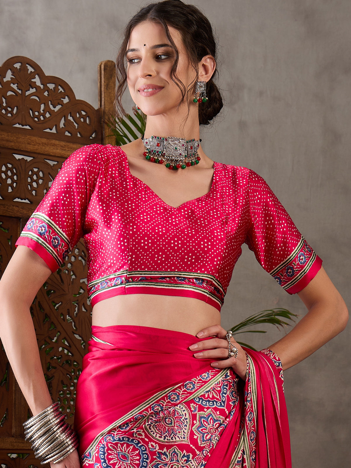 Heritage Function Wear Satin Silk Ajrak Print Rich Pallu Fancy Saree With Unstitched Blouse Piece