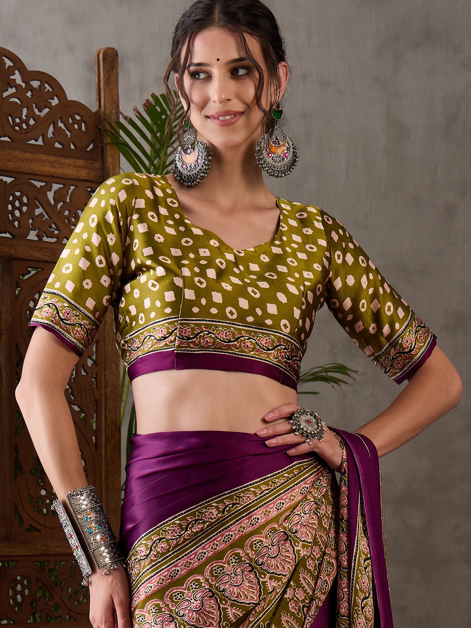 Desiring Festive Wear Satin Silk Ajrak Print Rich Pallu Fancy Saree With Unstitched Blouse Piece