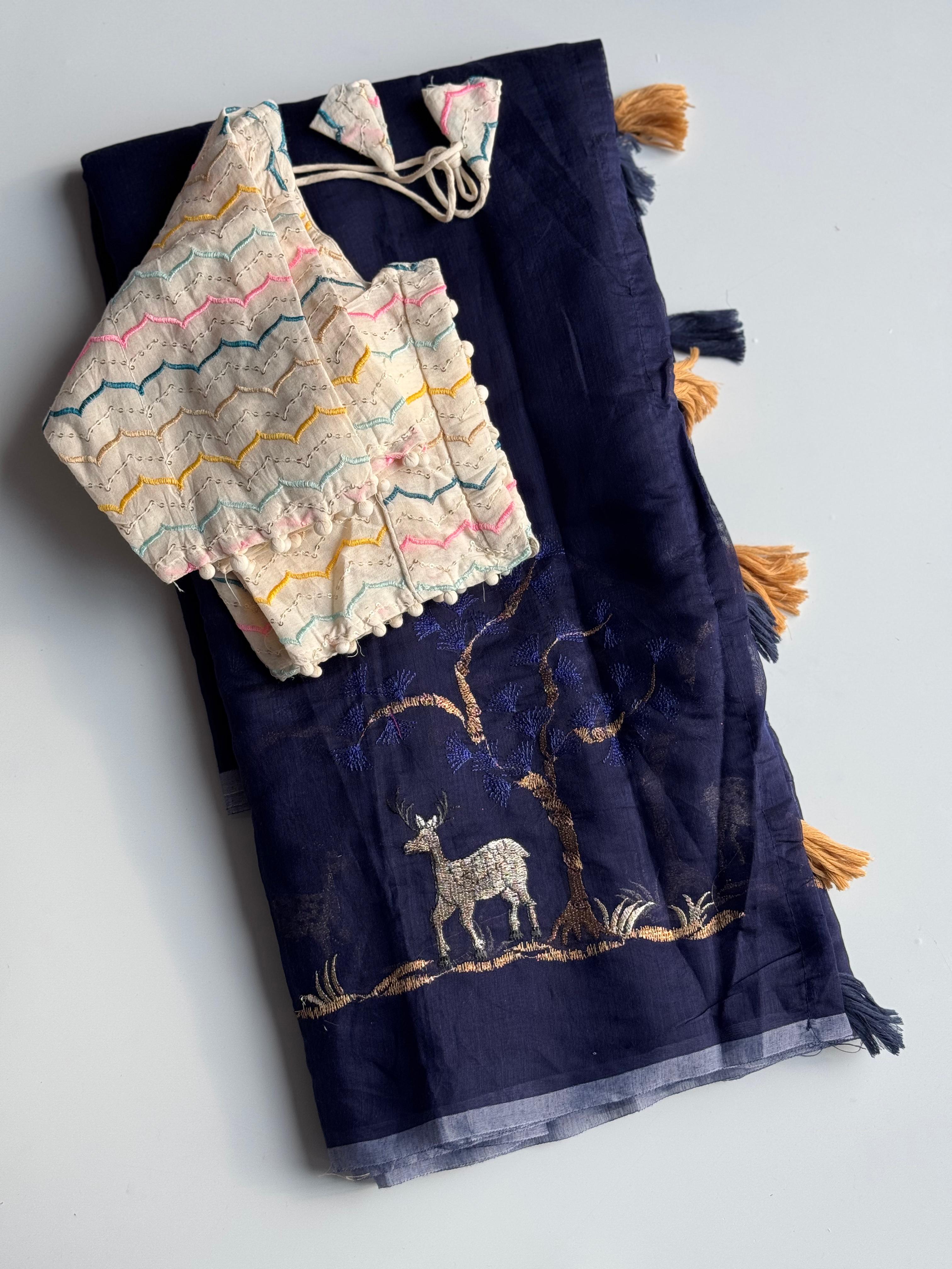 Exuberant Function Wear Chanderi Cotton Embroidery n Tussels Work Fancy Designer Saree With Stitched Blouse