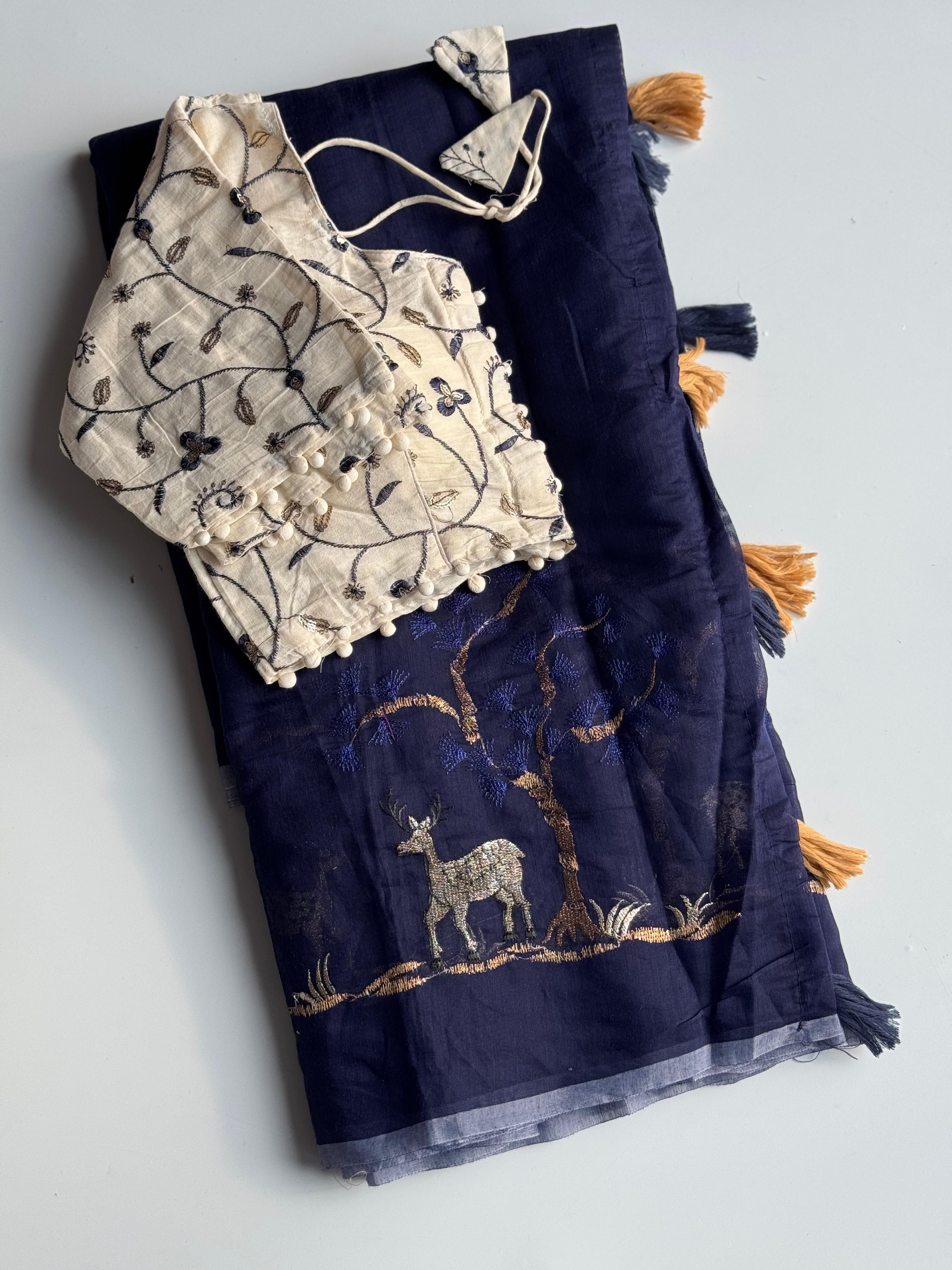 Exuberant Function Wear Chanderi Cotton Embroidery n Tussels Work Fancy Designer Saree With Stitched Blouse