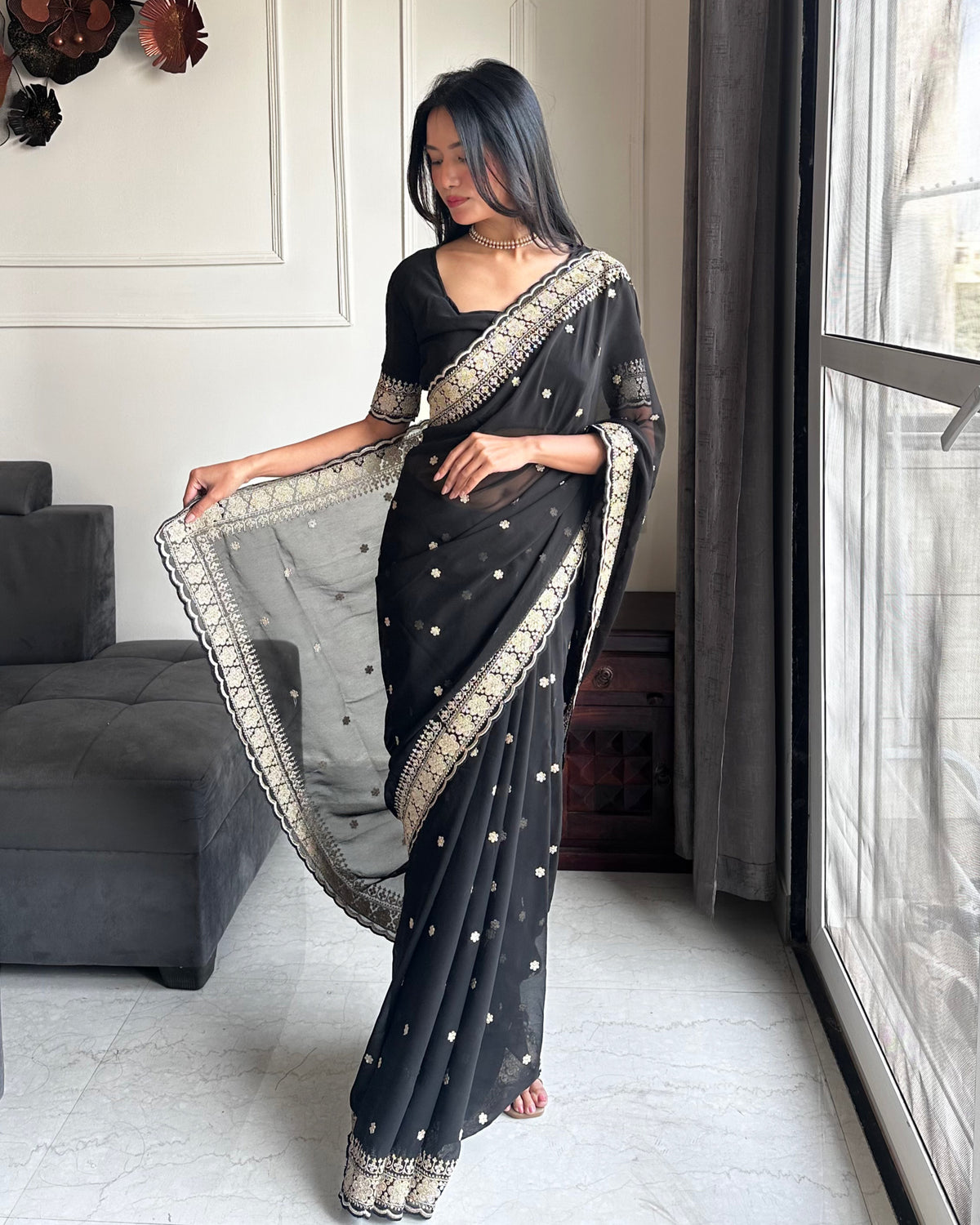 Exquisite Party Wear Soft Faux Georgette Embroidery n Sequence Zari Work Fancy Designer Saree With Unstithced Blouse Piece