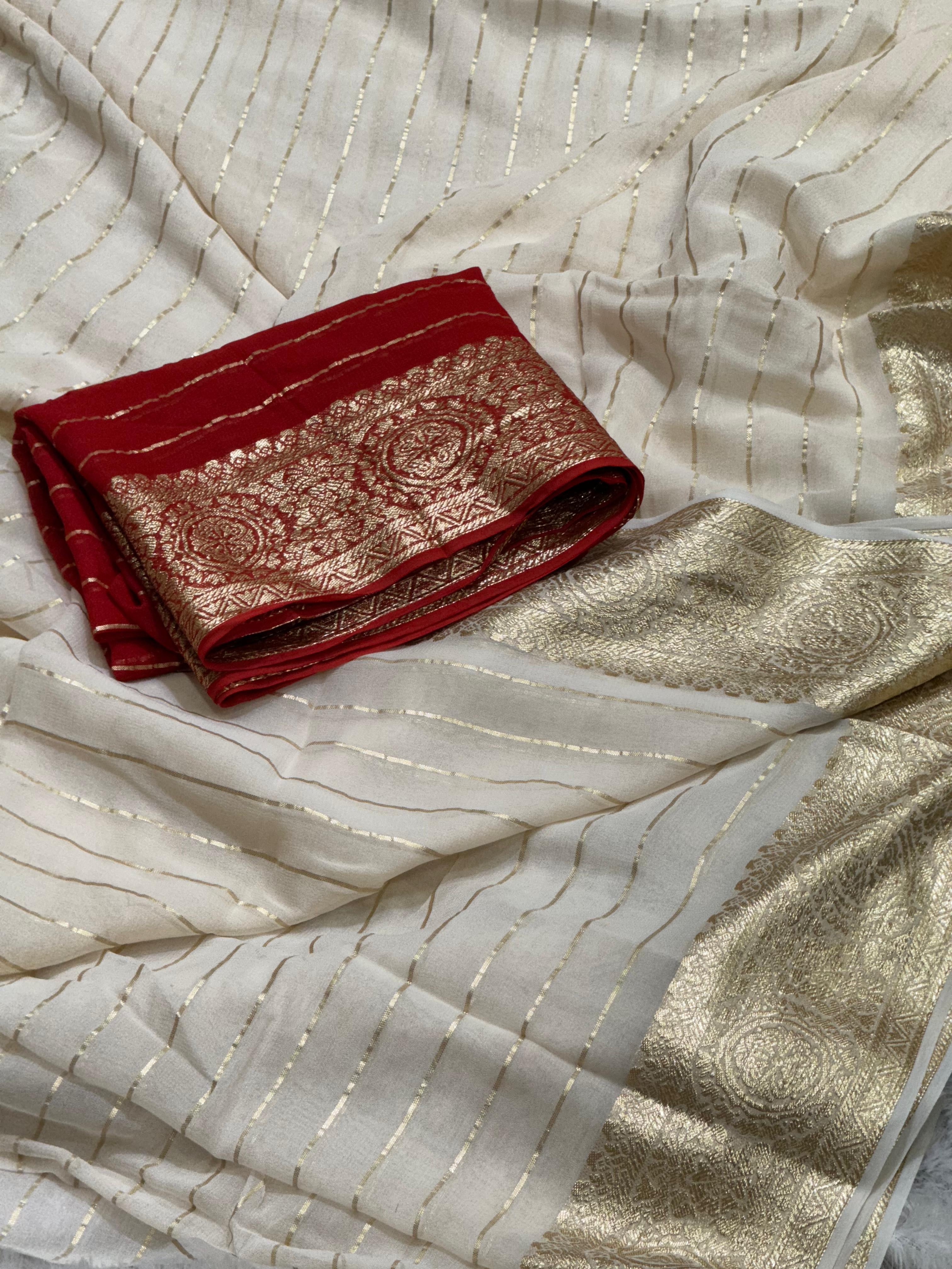 Latest Wedding wear Off White Color Viscose Georgette Jacquard Weaving Work Designer Saree