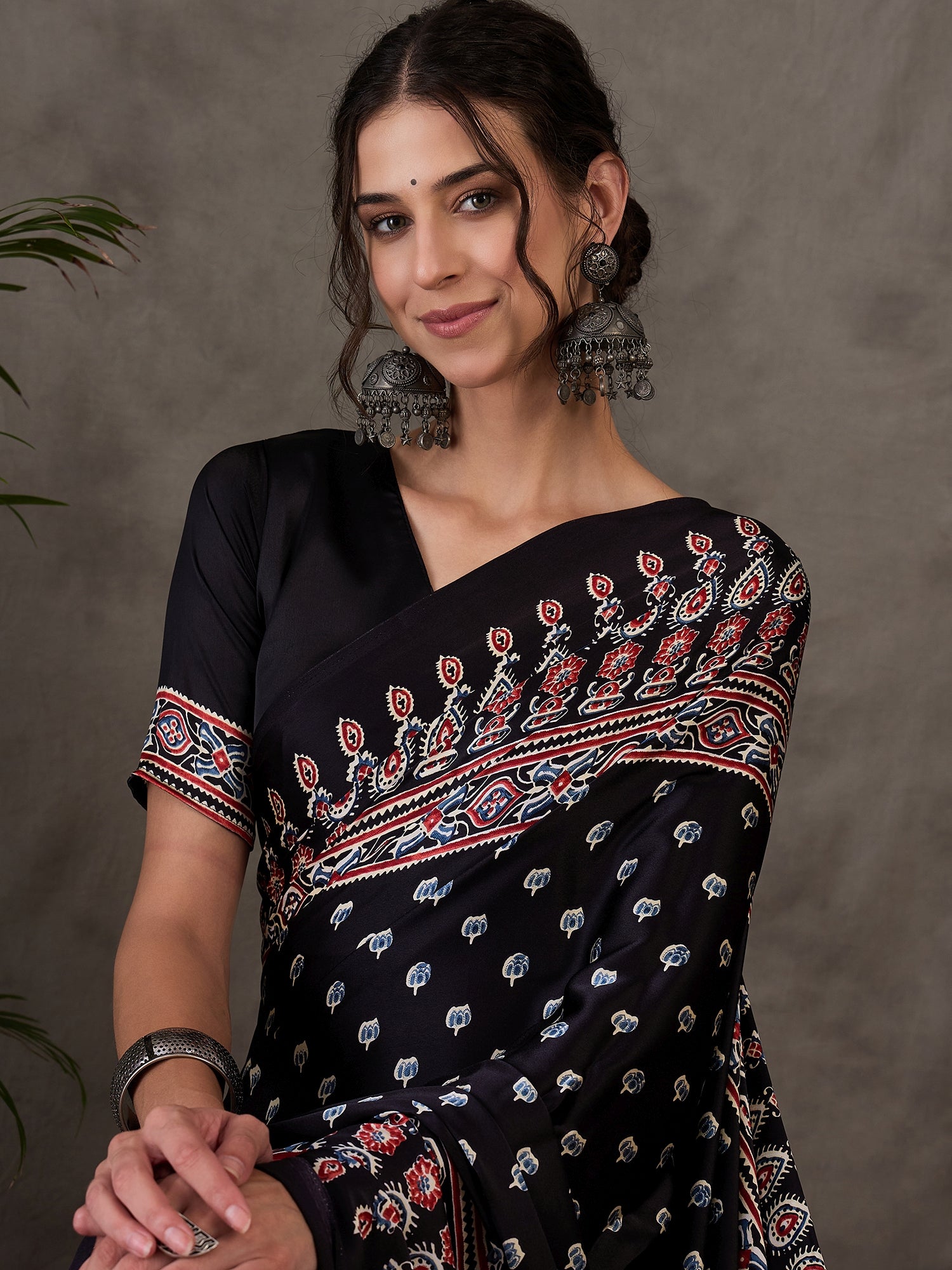 Glamorous Party Wear Satin Silk Ajrak Printed Rich Pallu Designer Saree With Unstitched Blouse Piece