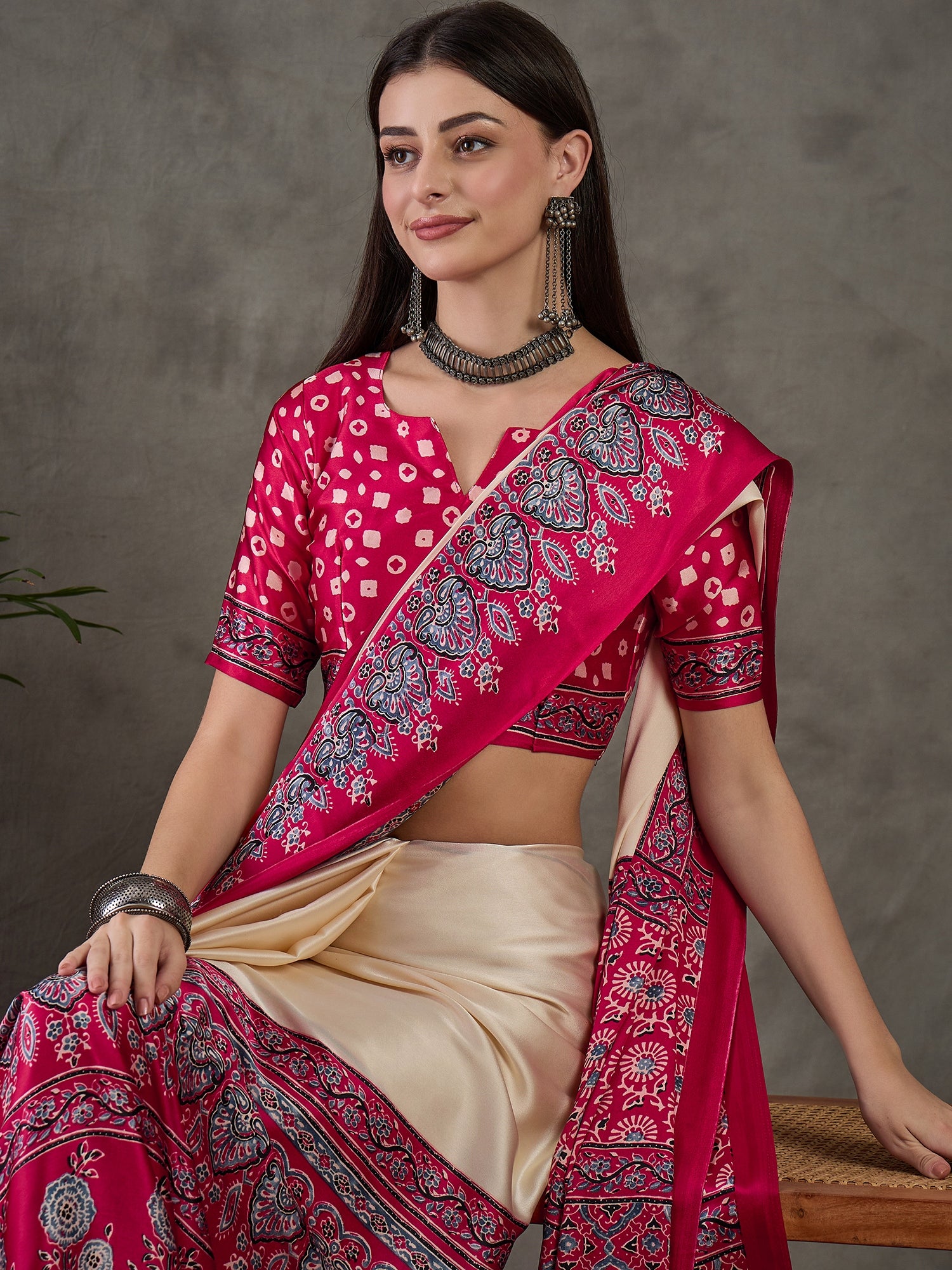 Desiring Festive Wear Satin Silk Ajrak Print Rich Pallu Fancy Saree With Unstitched Blouse Piece