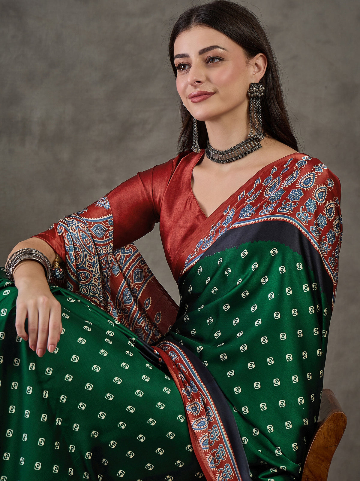 Captivating Party Wear Satin Silk Ajrak Print Rich Pallu Fancy Saree With Unstitched Blouse Piece
