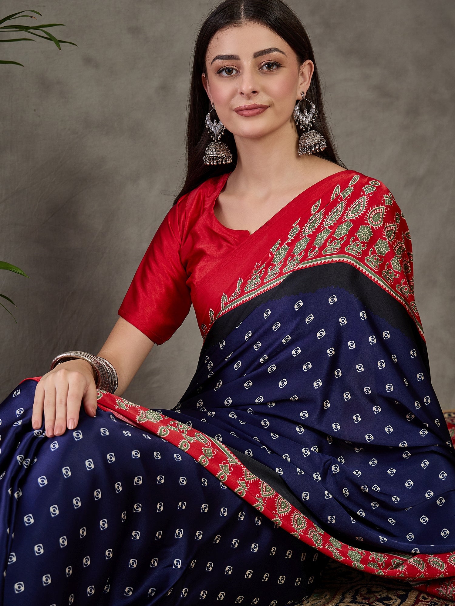 Captivating Party Wear Satin Silk Ajrak Print Rich Pallu Fancy Saree With Unstitched Blouse Piece