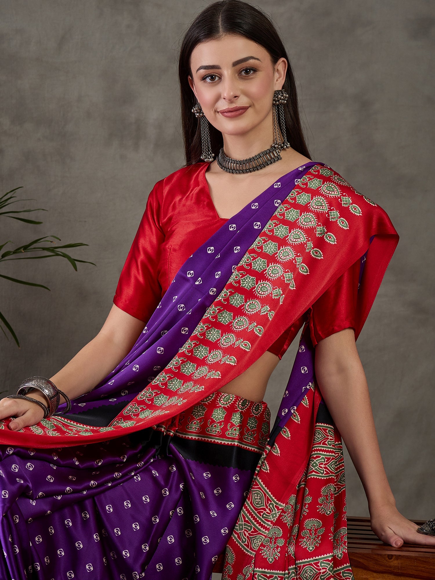 Captivating Party Wear Satin Silk Ajrak Print Rich Pallu Fancy Saree With Unstitched Blouse Piece