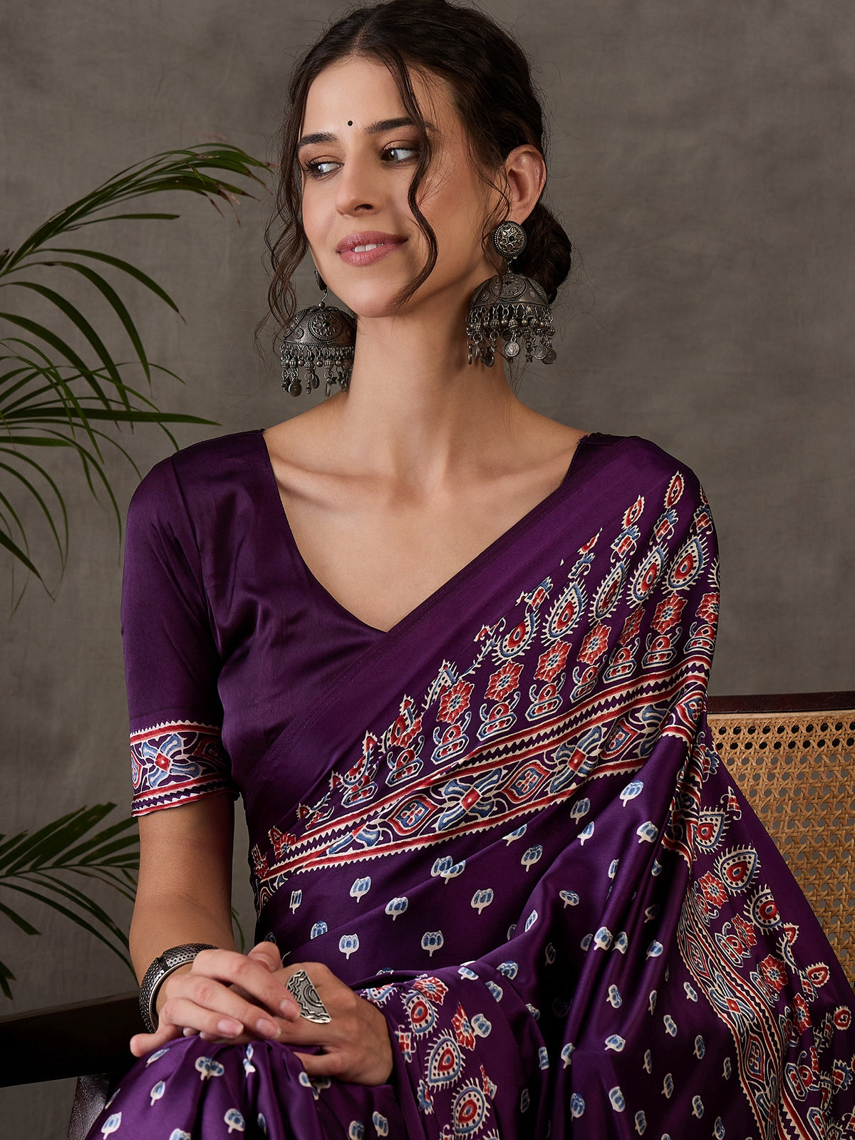 Glamorous Party Wear Satin Silk Ajrak Printed Rich Pallu Designer Saree With Unstitched Blouse Piece