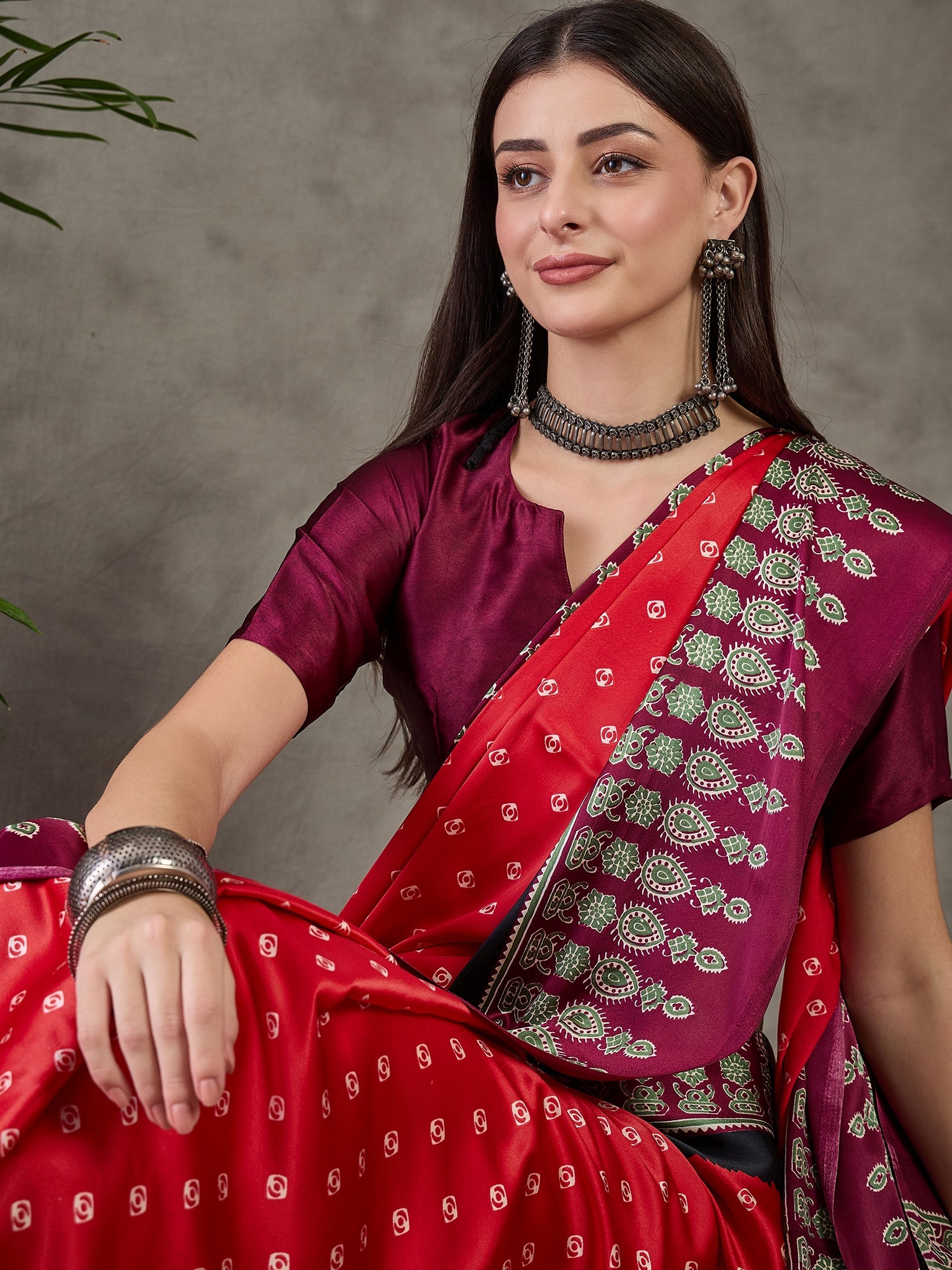 Captivating Party Wear Satin Silk Ajrak Print Rich Pallu Fancy Saree With Unstitched Blouse Piece