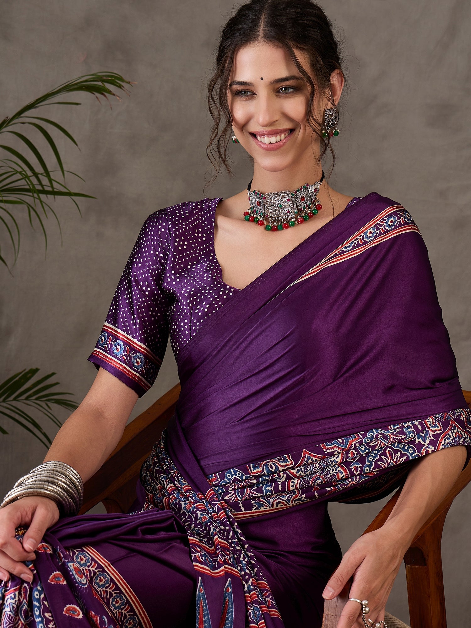 Heritage Function Wear Satin Silk Ajrak Print Rich Pallu Fancy Saree With Unstitched Blouse Piece