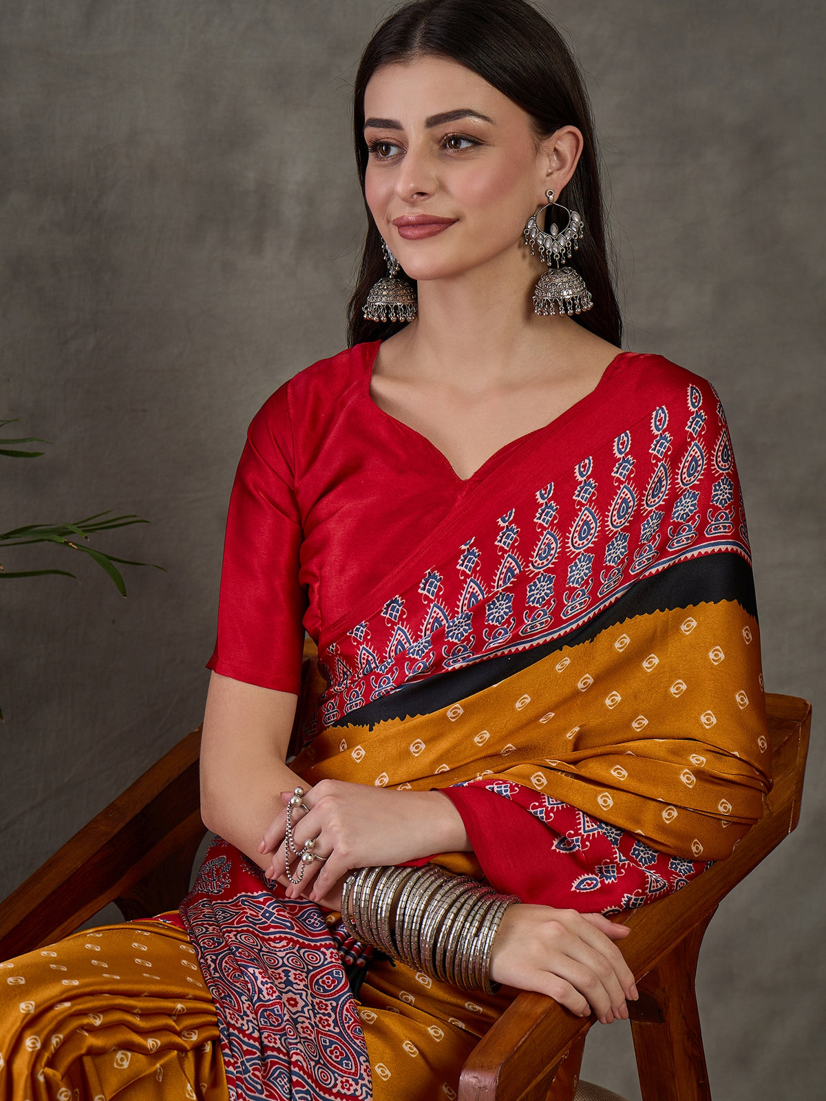 Captivating Party Wear Satin Silk Ajrak Print Rich Pallu Fancy Saree With Unstitched Blouse Piece
