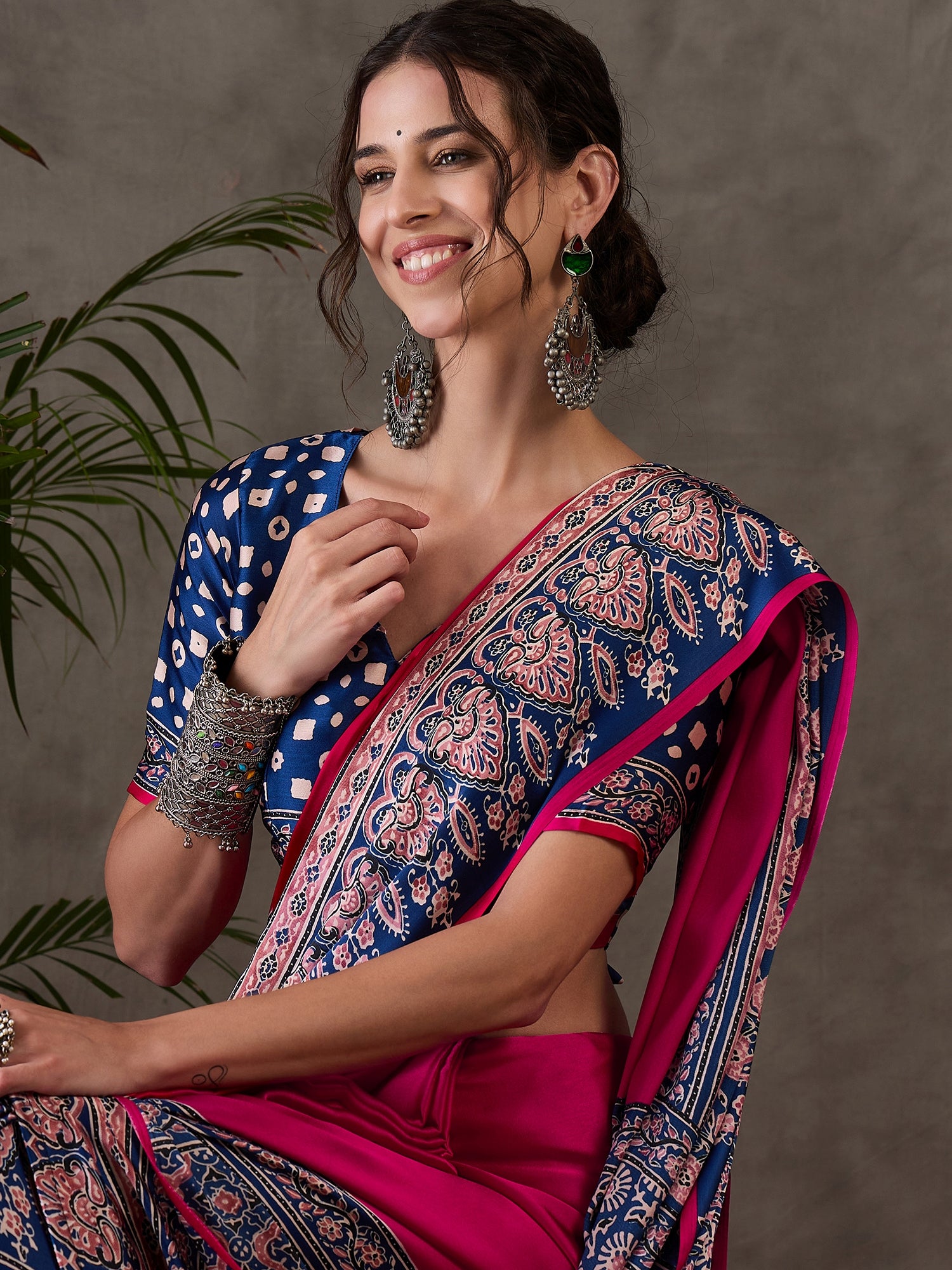 Desiring Festive Wear Satin Silk Ajrak Print Rich Pallu Fancy Saree With Unstitched Blouse Piece
