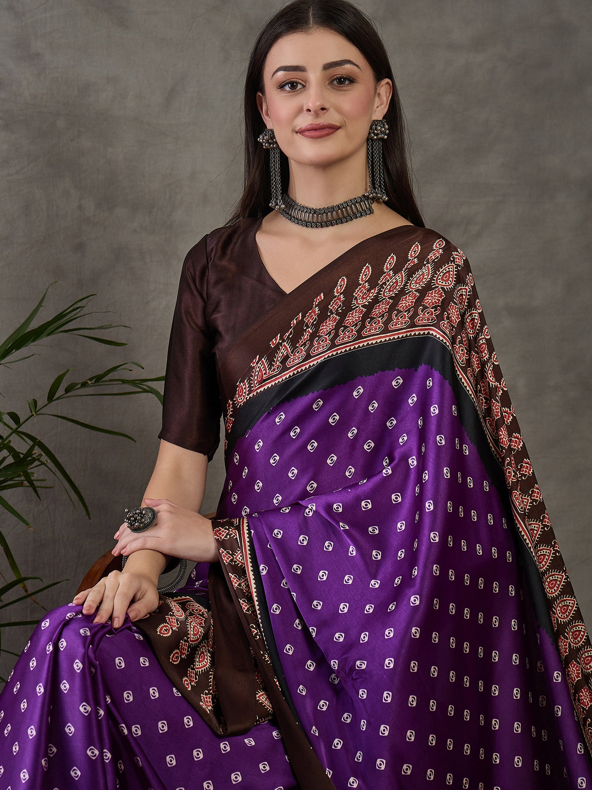 Captivating Party Wear Satin Silk Ajrak Print Rich Pallu Fancy Saree With Unstitched Blouse Piece
