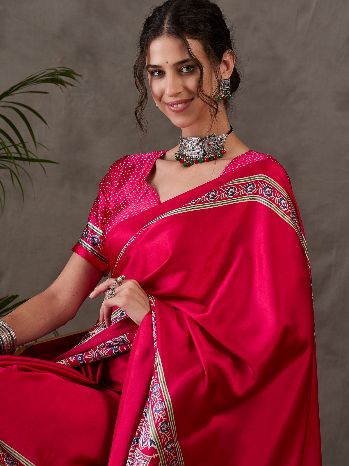Heritage Function Wear Satin Silk Ajrak Print Rich Pallu Fancy Saree With Unstitched Blouse Piece