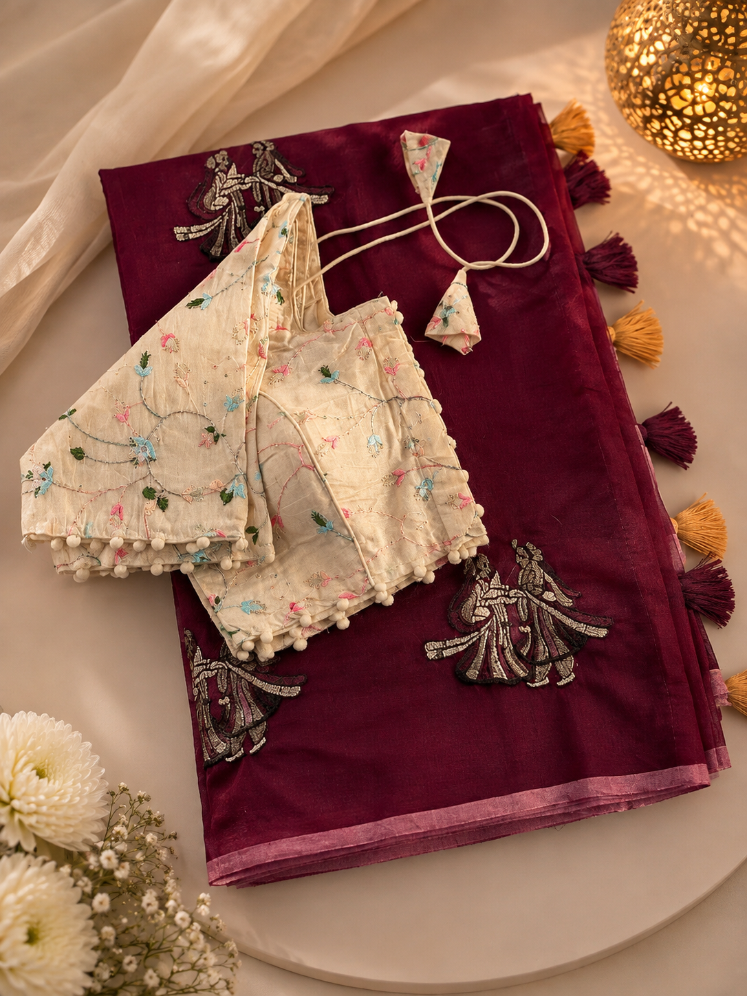 Captivating Party Wear Chanderi Cotton Embroidery n Tussels Work Fancy Designer Saree With Stitched Blouse