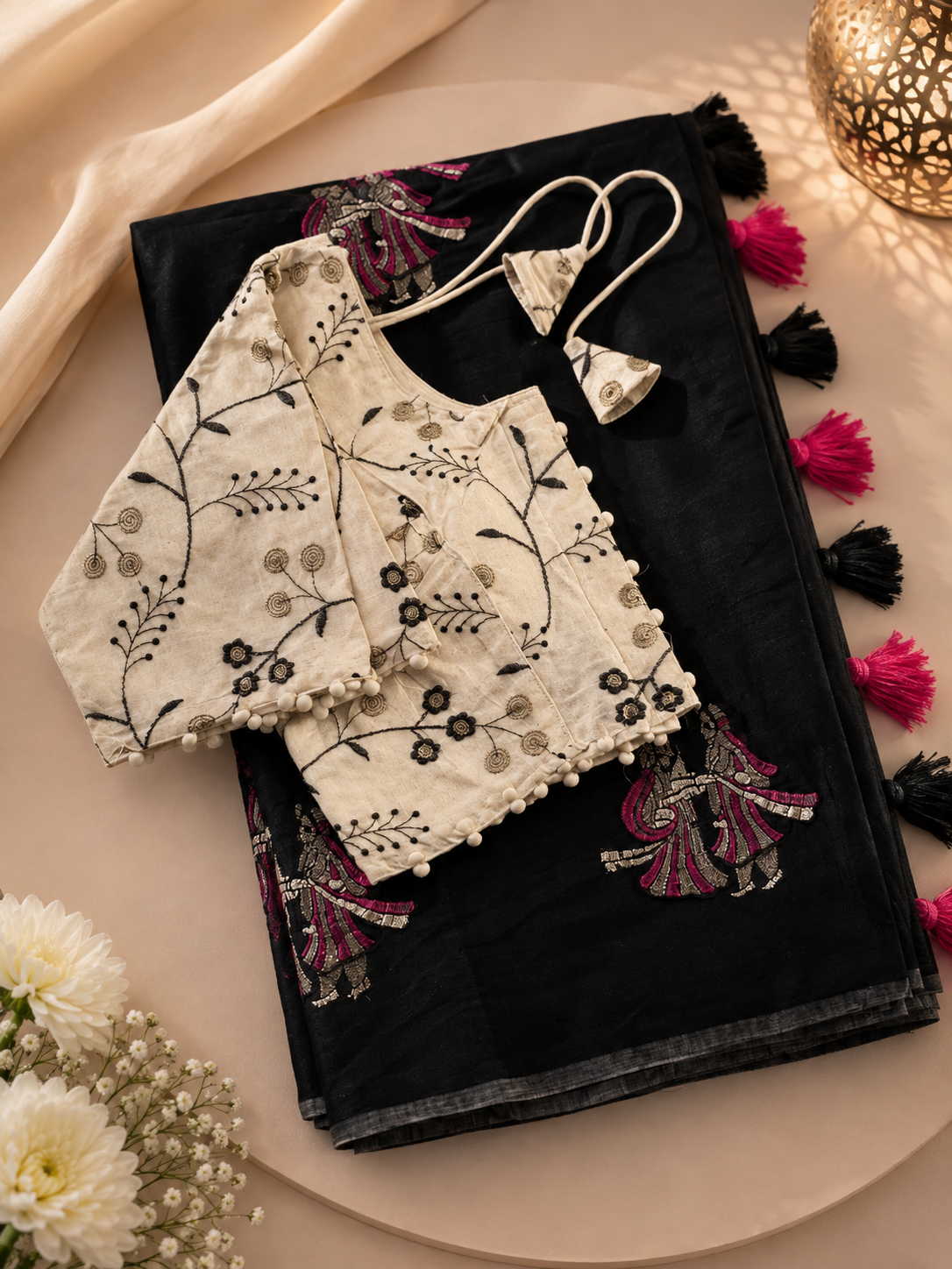 Captivating Party Wear Chanderi Cotton Embroidery n Tussels Work Fancy Designer Saree With Stitched Blouse