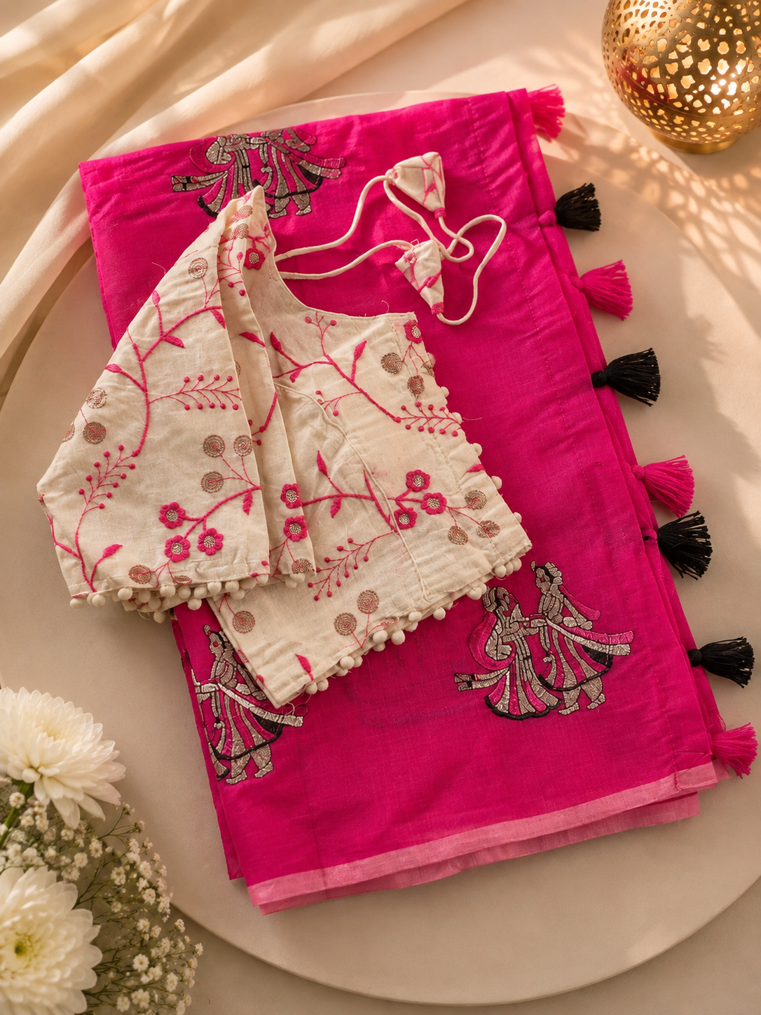 Captivating Party Wear Chanderi Cotton Embroidery n Tussels Work Fancy Designer Saree With Stitched Blouse