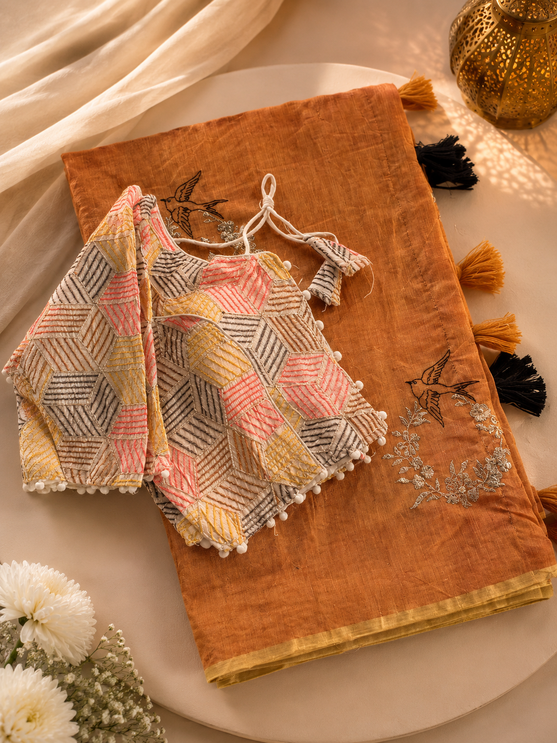 Blossom Chanderi Cotton Embroidery n Tussels Work Fancy Designer Festive Wear Saree With Stitched Blouse