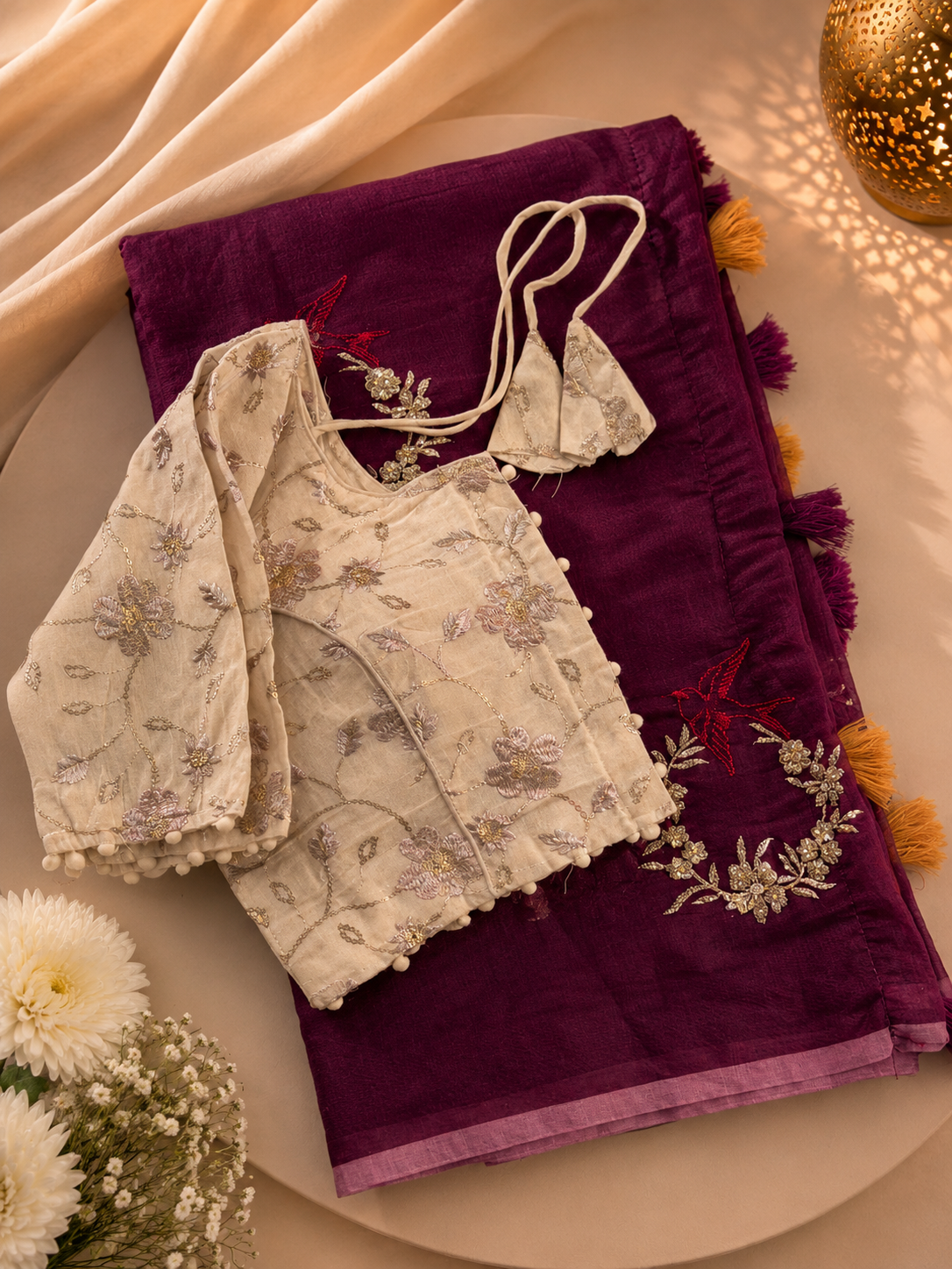 Blossom Chanderi Cotton Embroidery n Tussels Work Fancy Designer Festive Wear Saree With Stitched Blouse