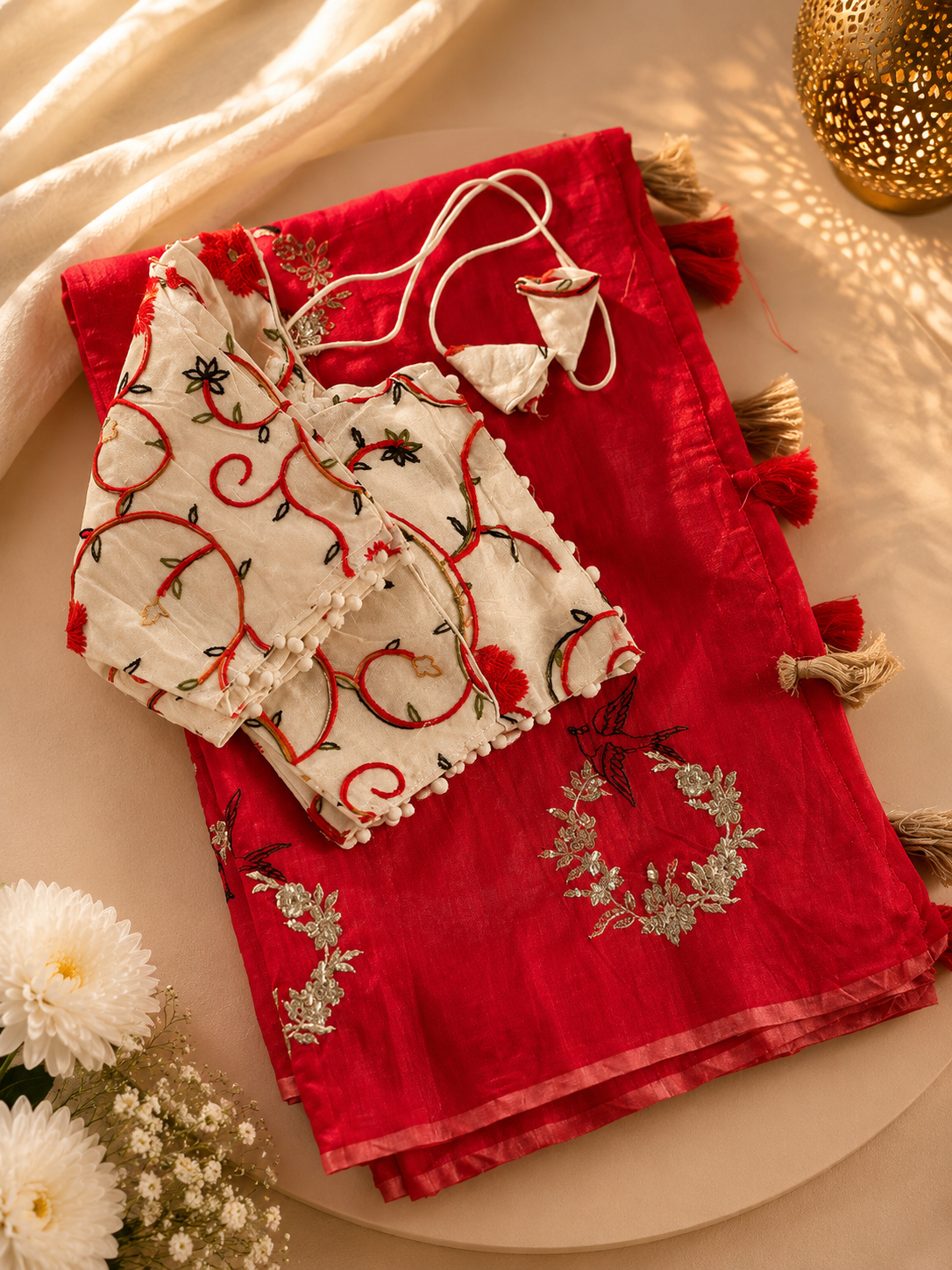 Blossom Chanderi Cotton Embroidery n Tussels Work Fancy Designer Festive Wear Saree With Stitched Blouse
