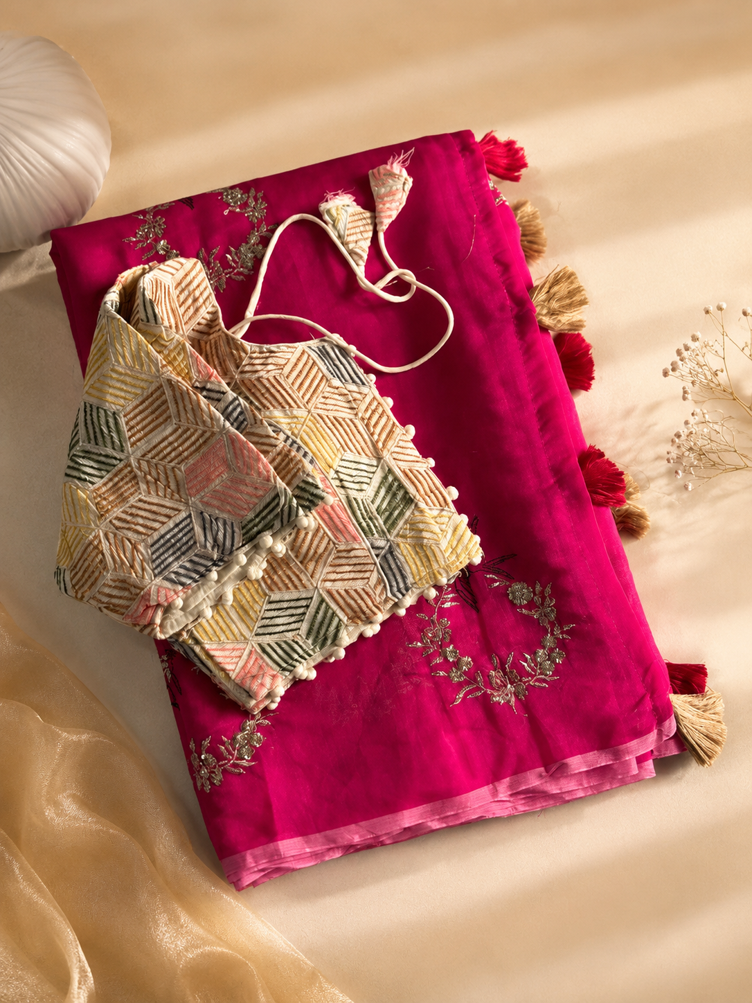 Blossom Chanderi Cotton Embroidery n Tussels Work Fancy Designer Festive Wear Saree With Stitched Blouse