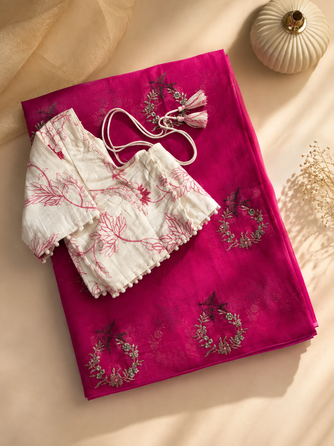 Blossom Chanderi Cotton Embroidery n Tussels Work Fancy Designer Festive Wear Saree With Stitched Blouse
