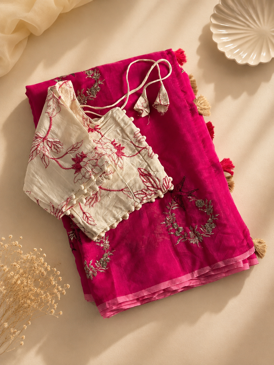 Blossom Chanderi Cotton Embroidery n Tussels Work Fancy Designer Festive Wear Saree With Stitched Blouse