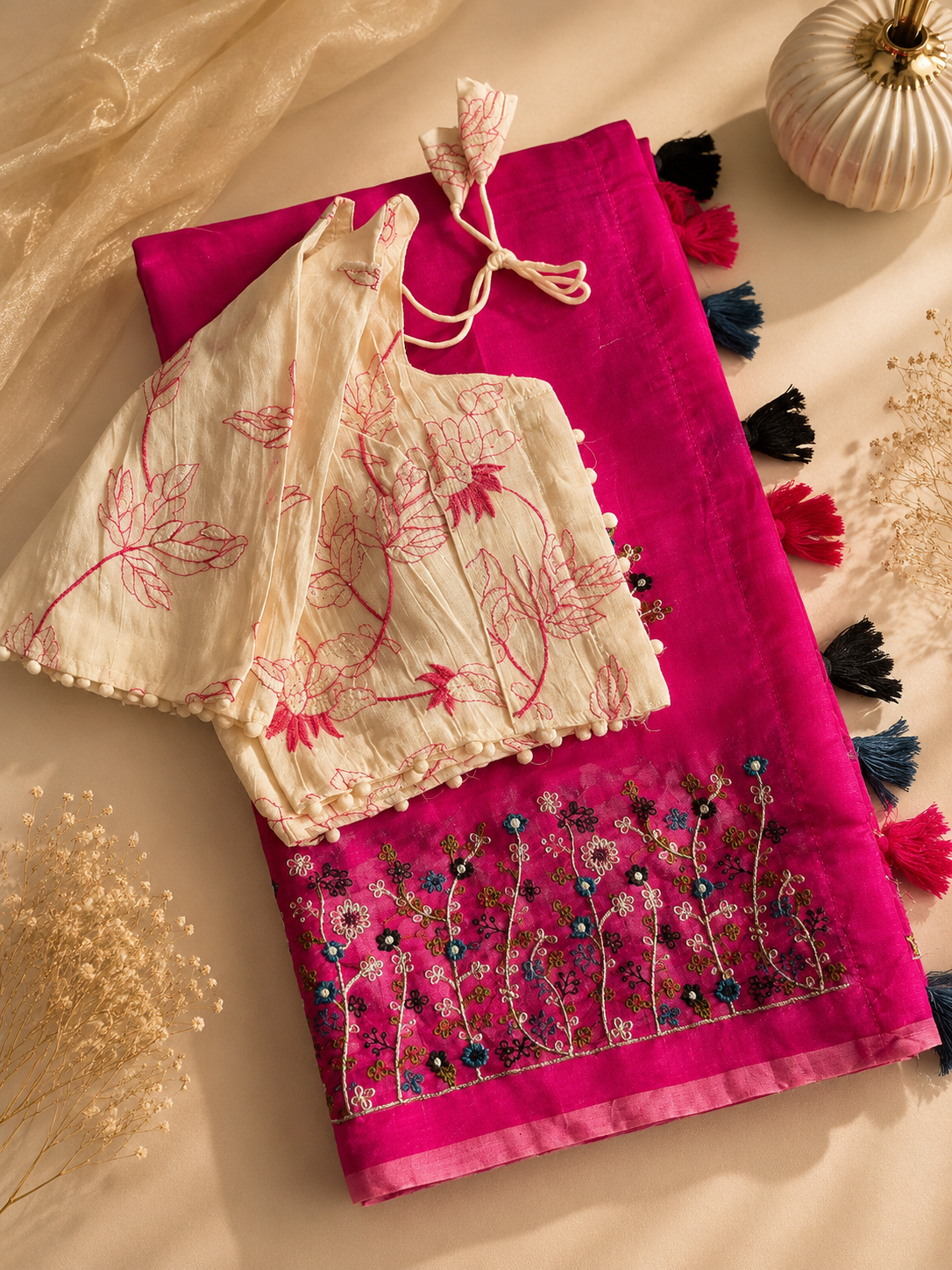 Attractive Function Wear Chanderi Cotton Embroidery n Tussels Work Fancy Designer Saree With Stitched Blouse