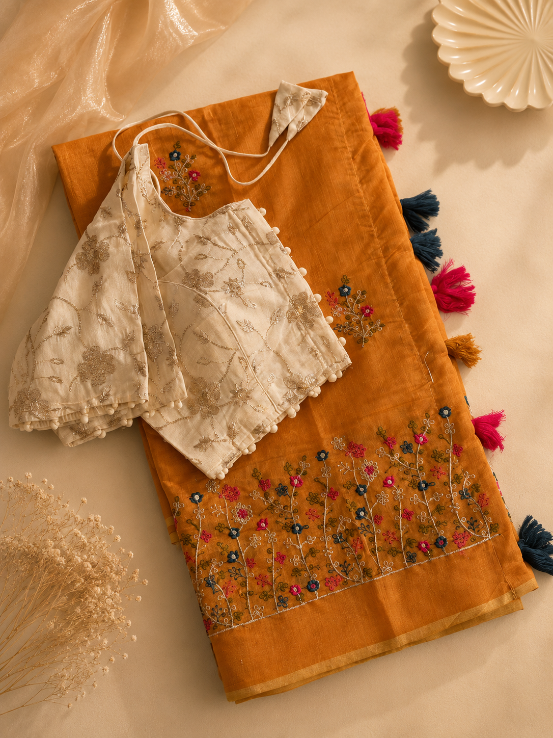 Attractive Function Wear Chanderi Cotton Embroidery n Tussels Work Fancy Designer Saree With Stitched Blouse