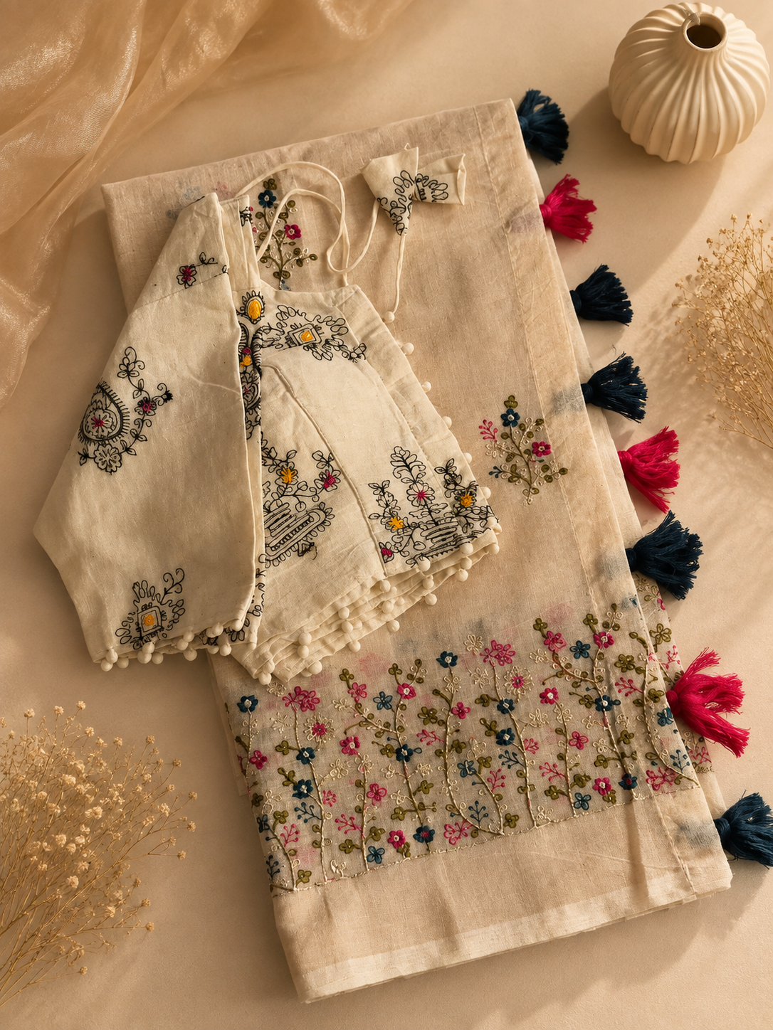 Attractive Function Wear Chanderi Cotton Embroidery n Tussels Work Fancy Designer Saree With Stitched Blouse