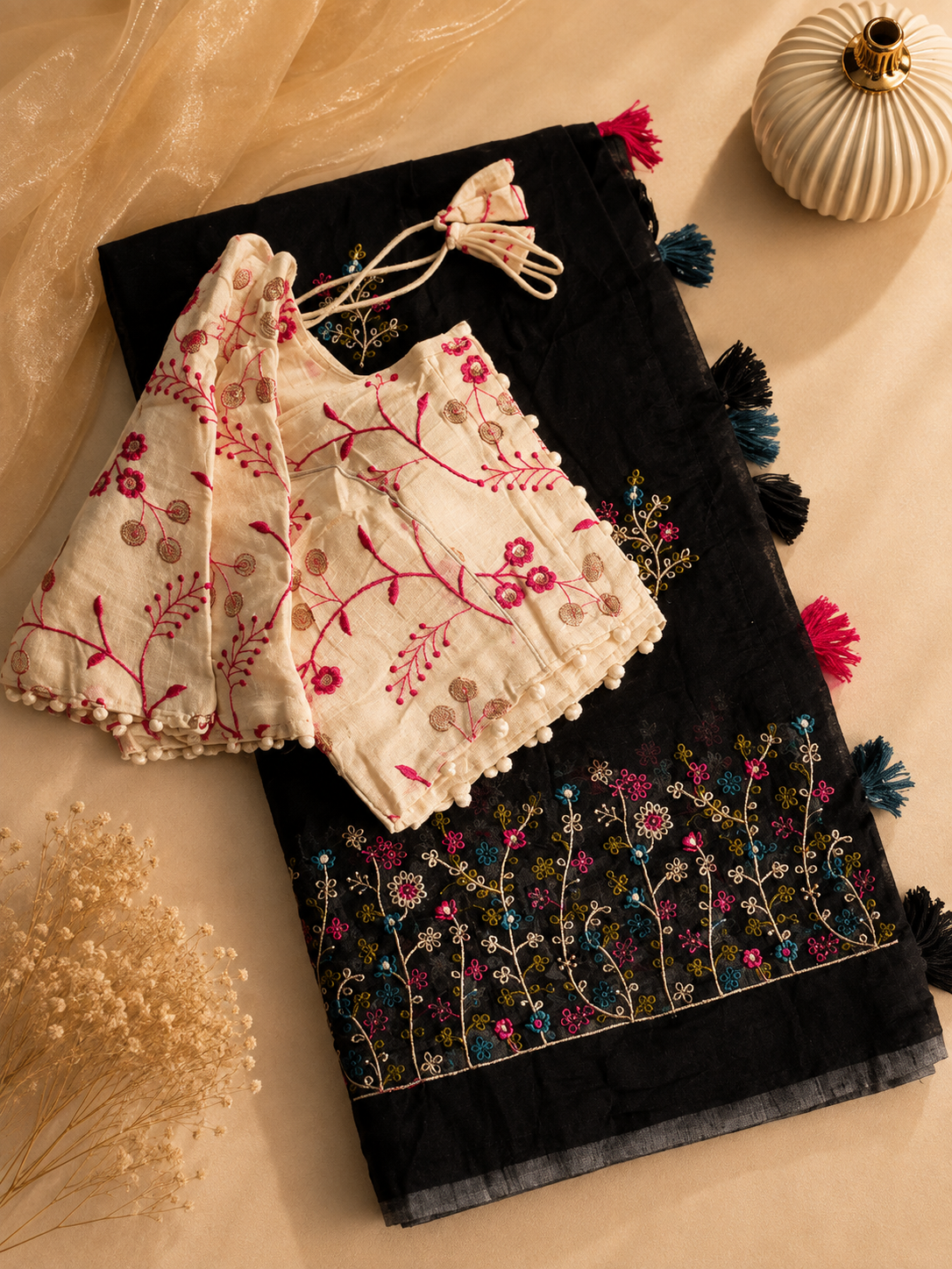 Attractive Function Wear Chanderi Cotton Embroidery n Tussels Work Fancy Designer Saree With Stitched Blouse