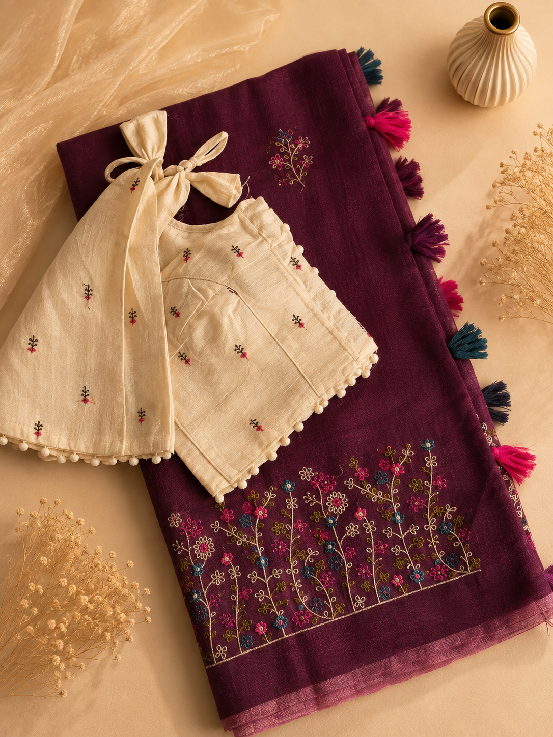 Attractive Function Wear Chanderi Cotton Embroidery n Tussels Work Fancy Designer Saree With Stitched Blouse