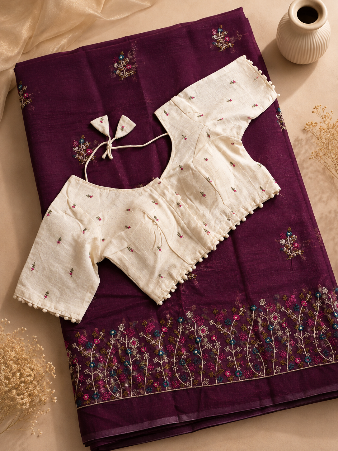 Attractive Function Wear Chanderi Cotton Embroidery n Tussels Work Fancy Designer Saree With Stitched Blouse