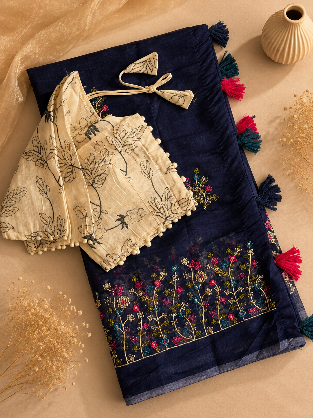 Attractive Function Wear Chanderi Cotton Embroidery n Tussels Work Fancy Designer Saree With Stitched Blouse