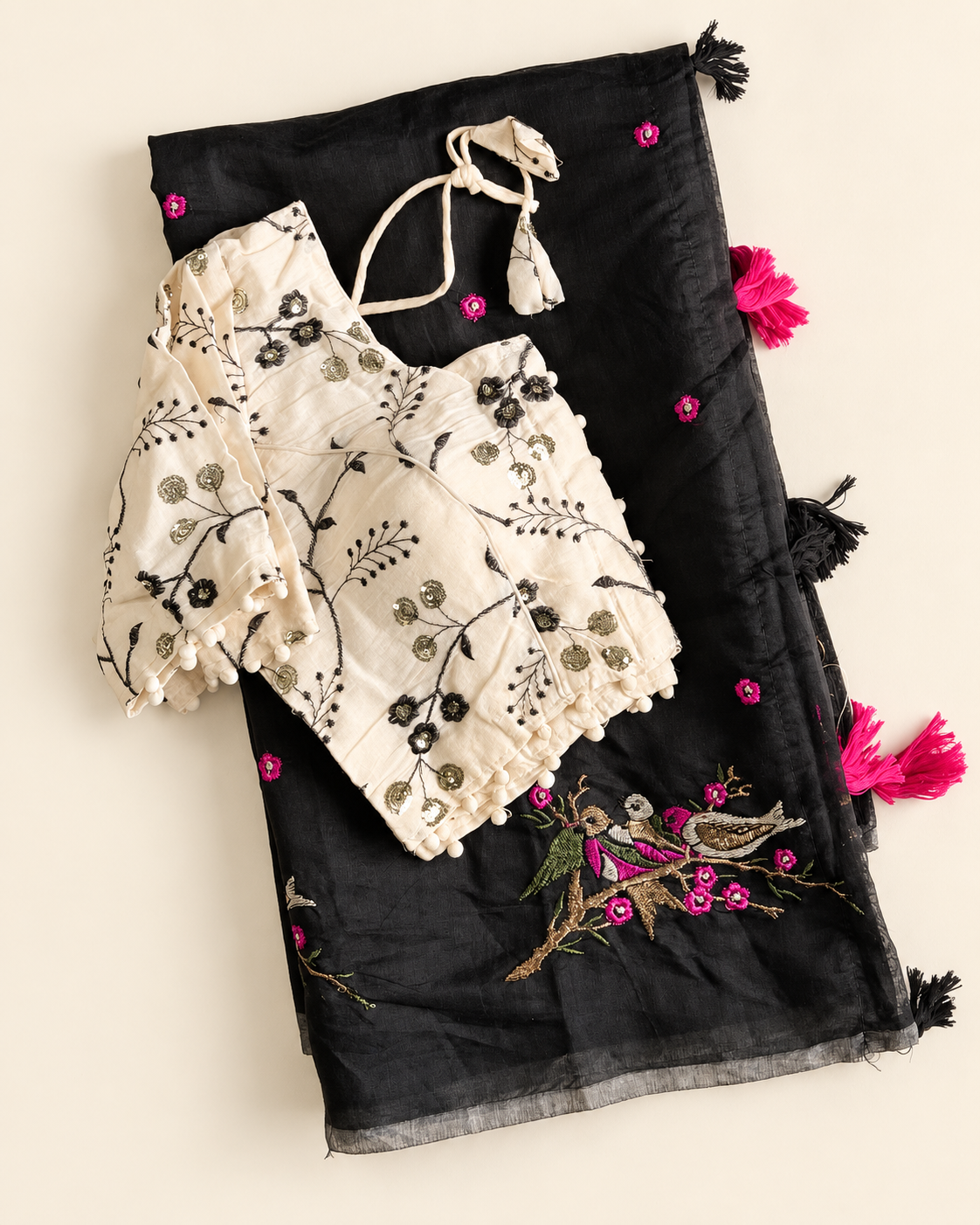 Stunning Party Wear Chanderi Cotton Embroidery n Tussels Work Fancy Saree With Stitched Blouse
