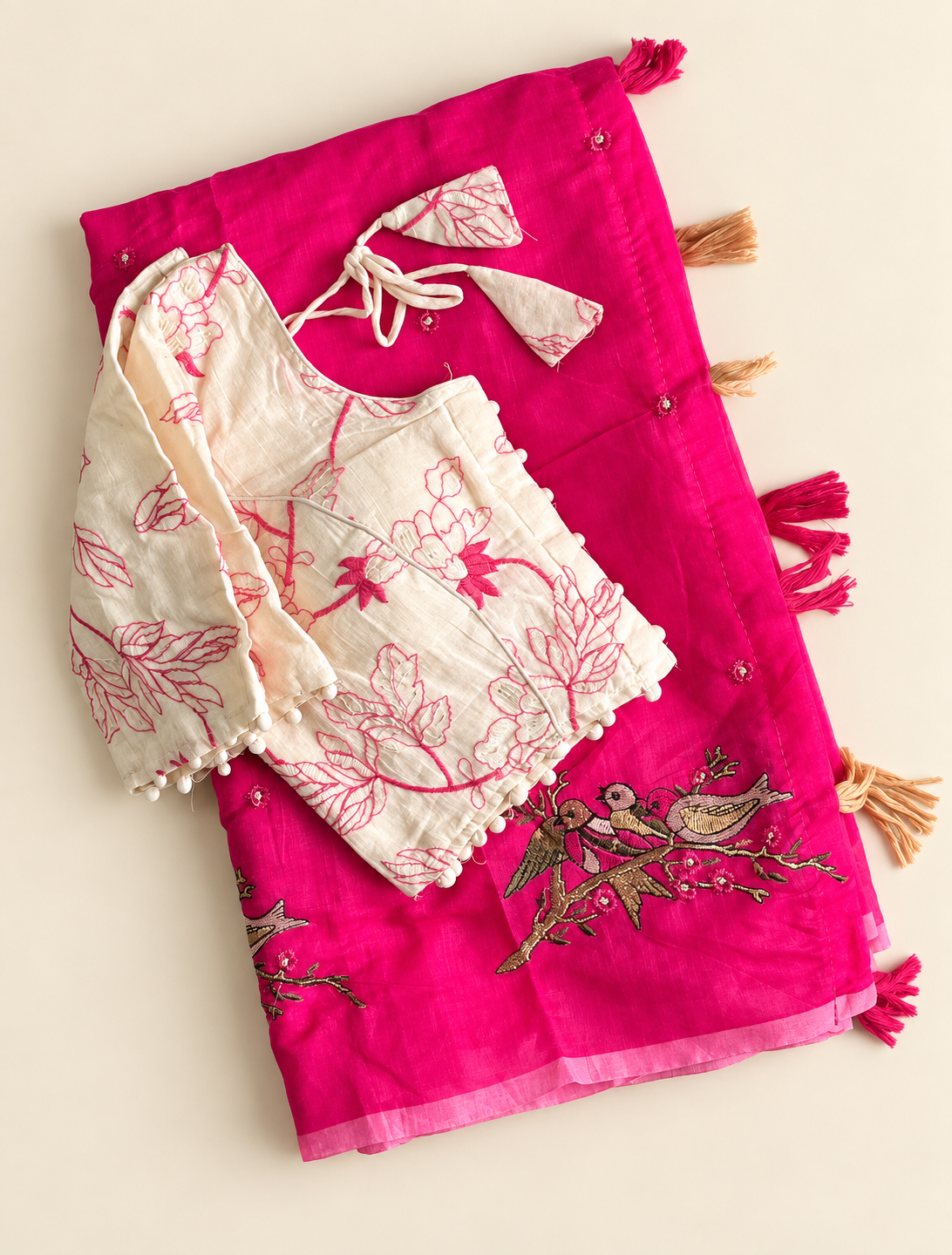 Stunning Party Wear Chanderi Cotton Embroidery n Tussels Work Fancy Saree With Stitched Blouse