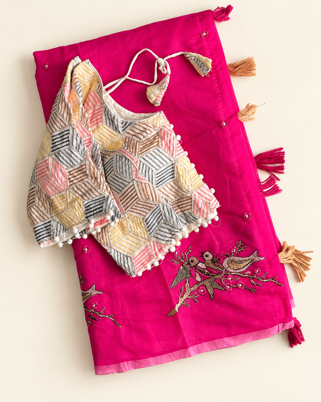 Stunning Party Wear Chanderi Cotton Embroidery n Tussels Work Fancy Saree With Stitched Blouse
