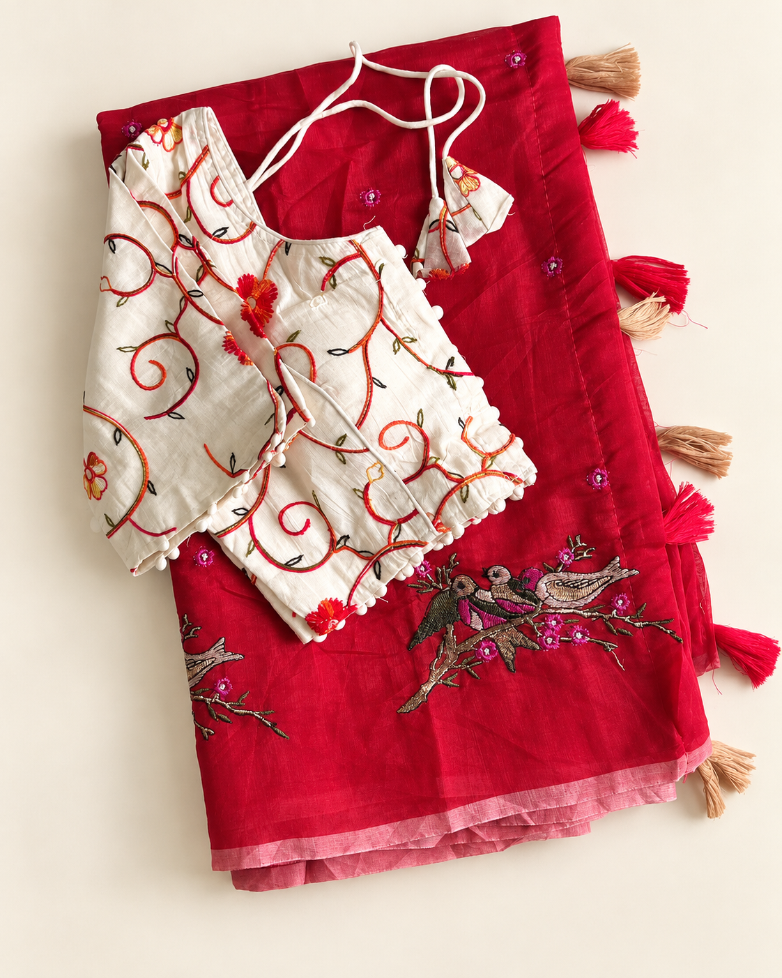 Stunning Party Wear Chanderi Cotton Embroidery n Tussels Work Fancy Saree With Stitched Blouse