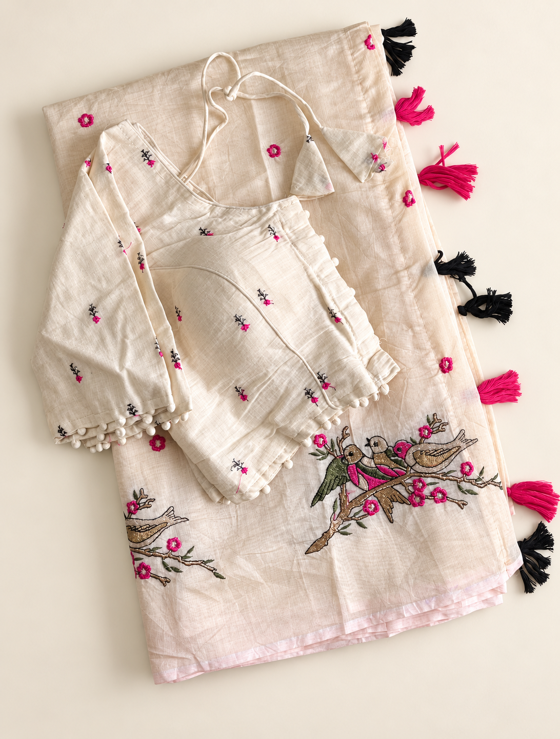 Stunning Party Wear Chanderi Cotton Embroidery n Tussels Work Fancy Saree With Stitched Blouse