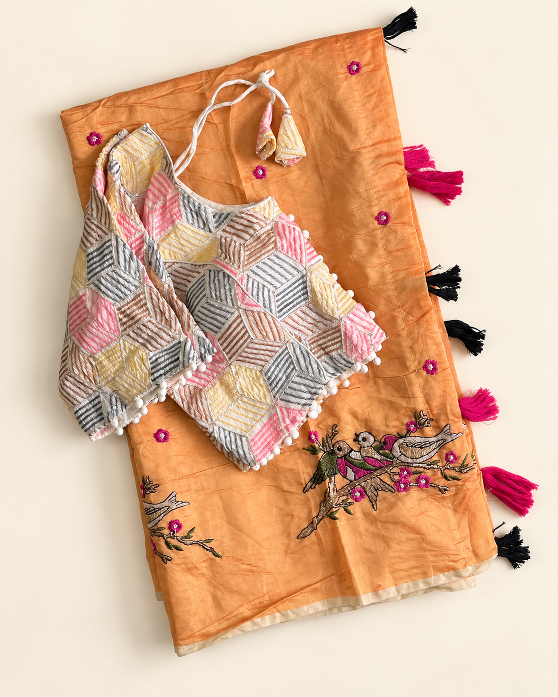 Stunning Party Wear Chanderi Cotton Embroidery n Tussels Work Fancy Saree With Stitched Blouse